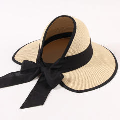 Straw Hat Women's Summer Travel Beach Sunshade Hat Bow Ribbon Foldable Hat