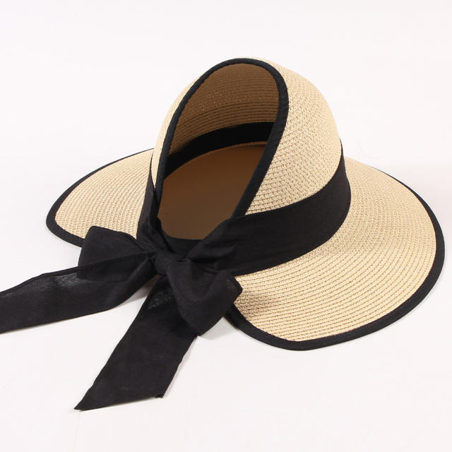 Straw Hat Women's Summer Travel Beach Sunshade Hat Bow Ribbon Foldable Hat