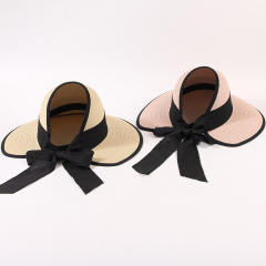 Straw Hat Women's Summer Travel Beach Sunshade Hat Bow Ribbon Foldable Hat