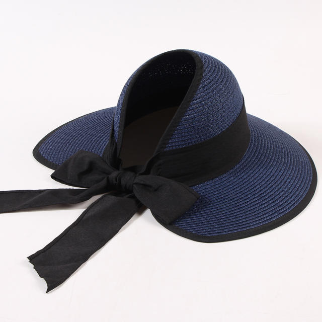 Straw Hat Women's Summer Travel Beach Sunshade Hat Bow Ribbon Foldable Hat