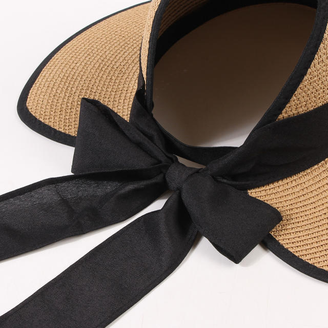 Straw Hat Women's Summer Travel Beach Sunshade Hat Bow Ribbon Foldable Hat