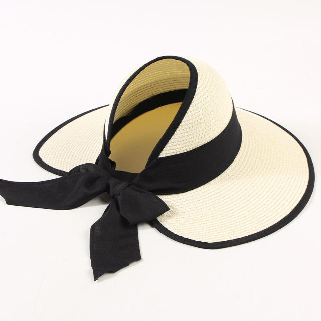 Straw Hat Women's Summer Travel Beach Sunshade Hat Bow Ribbon Foldable Hat