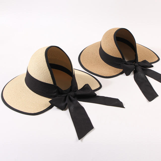 Straw Hat Women's Summer Travel Beach Sunshade Hat Bow Ribbon Foldable Hat