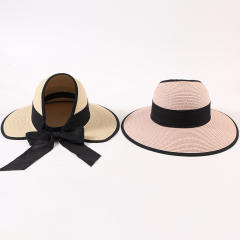 Straw Hat Women's Summer Travel Beach Sunshade Hat Bow Ribbon Foldable Hat