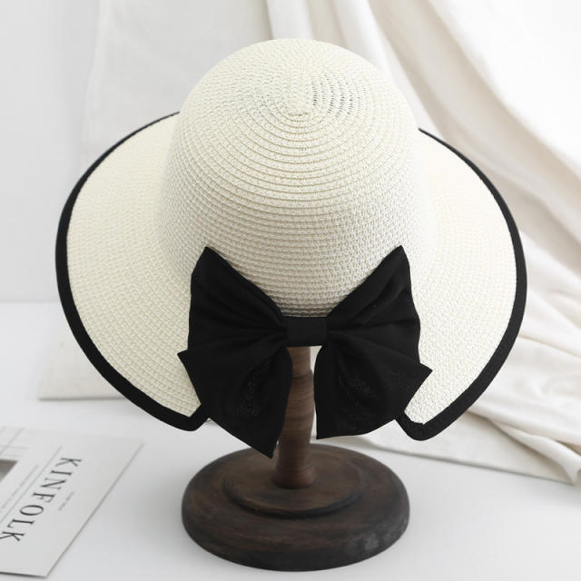 Foldable Large Brim Straw Hat sweet bow sunhat for women