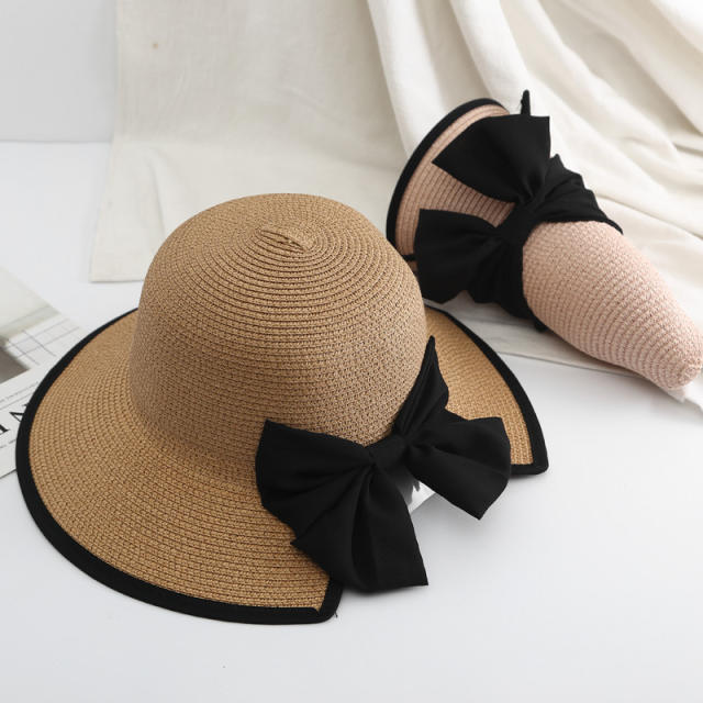 Foldable Large Brim Straw Hat sweet bow sunhat for women