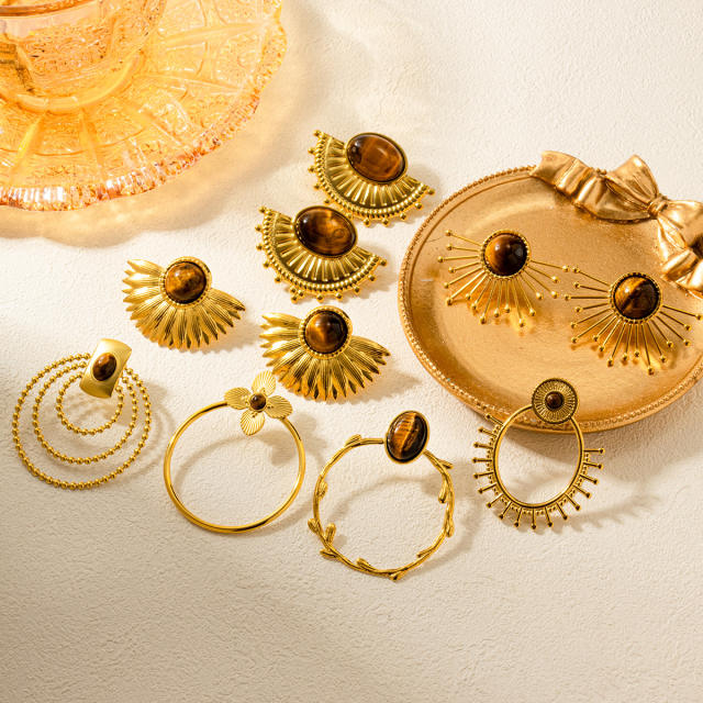 Vintage tiger eye stone statement stainless steel fun shape studs earrings collection