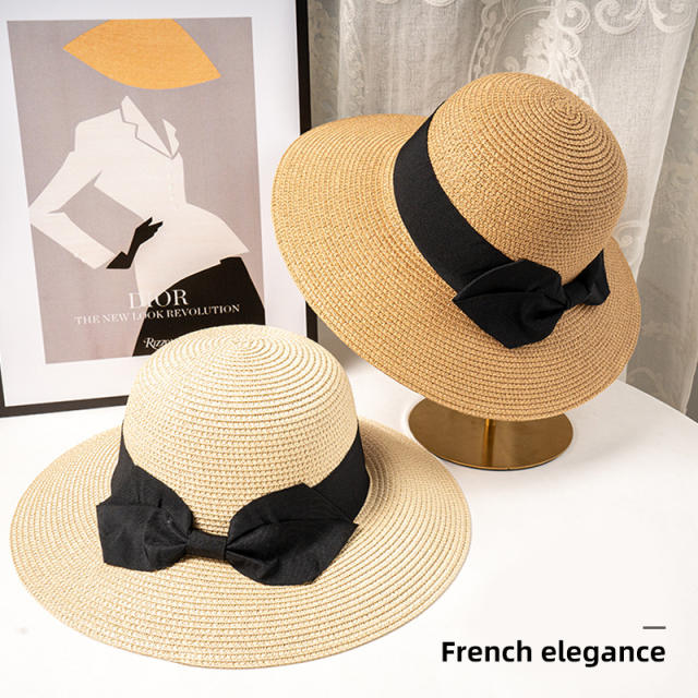Straw Hat Women's French Style Retro Summer Travel Big Brim Beach Hat Foldable Sun Protection UV Protection