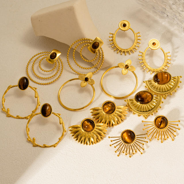 Vintage tiger eye stone statement stainless steel fun shape studs earrings collection