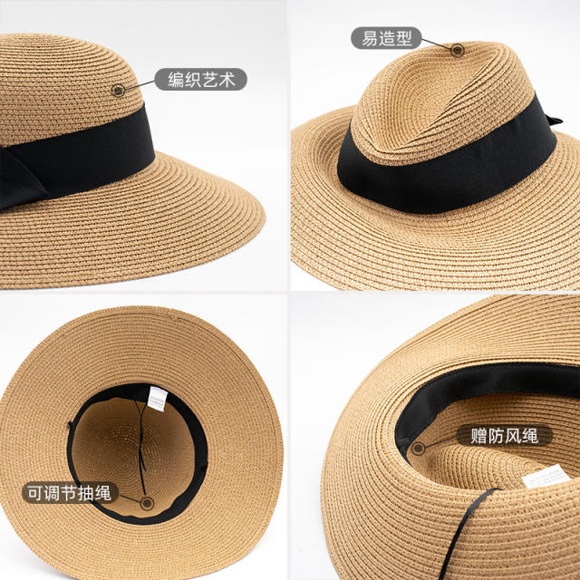 Straw Hat Women's French Style Retro Summer Travel Big Brim Beach Hat Foldable Sun Protection UV Protection