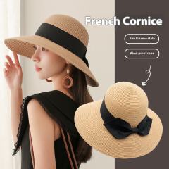 Straw Hat Women's French Style Retro Summer Travel Big Brim Beach Hat Foldable Sun Protection UV Protection