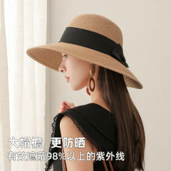 Straw Hat Women's French Style Retro Summer Travel Big Brim Beach Hat Foldable Sun Protection UV Protection