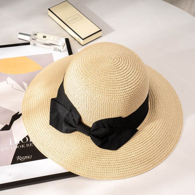 Straw Hat Women's French Style Retro Summer Travel Big Brim Beach Hat Foldable Sun Protection UV Protection