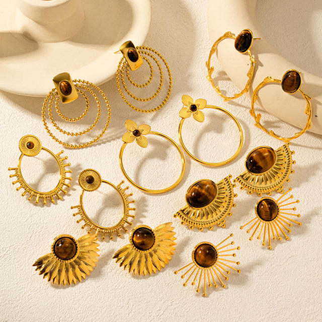 Vintage tiger eye stone statement stainless steel fun shape studs earrings collection