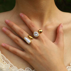 Elegant baroque pearl geometric stainless steel rings