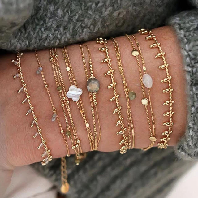 Stainless Steel Stacked Bracelet suit Four-leaf Clover Natural Shell Pendant Simple Design Bracelet suit Women