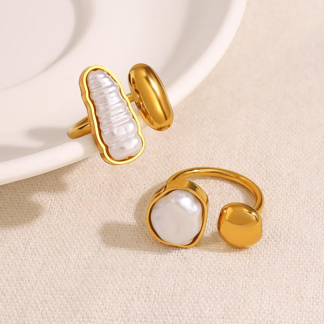 Elegant baroque pearl geometric stainless steel rings