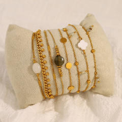 Stainless Steel Stacked Bracelet suit Four-leaf Clover Natural Shell Pendant Simple Design Bracelet suit Women