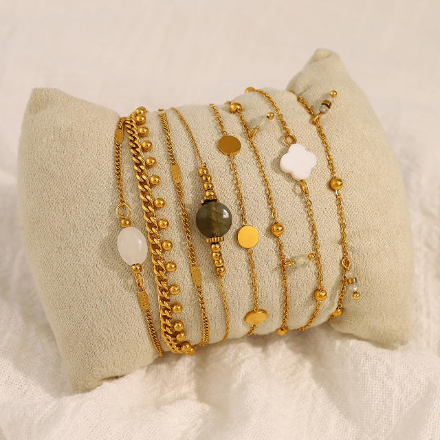 Stainless Steel Stacked Bracelet suit Four-leaf Clover Natural Shell Pendant Simple Design Bracelet suit Women