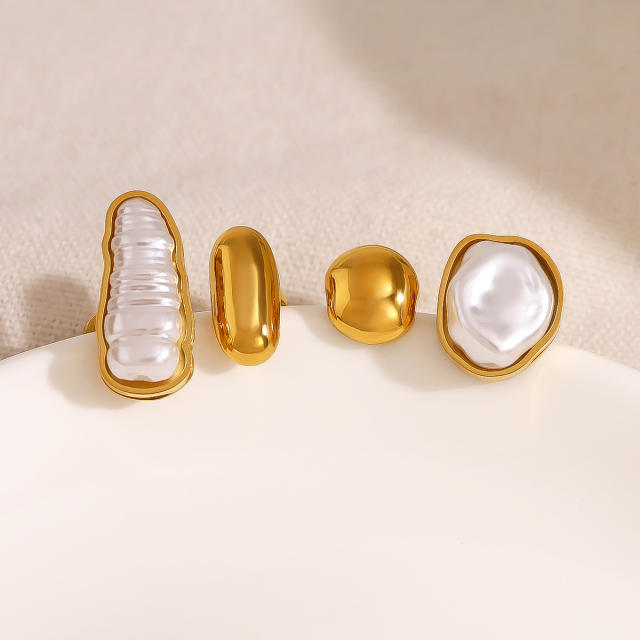 Elegant baroque pearl geometric stainless steel rings