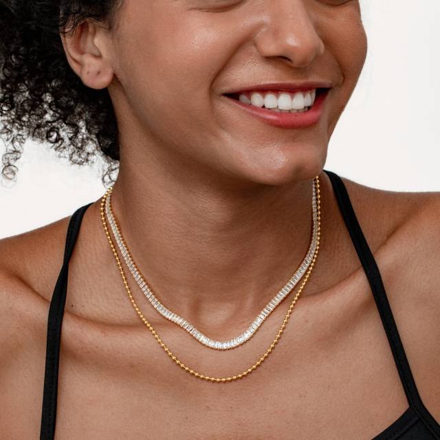 Delicate two layer tennis chain bead chain stainless steel necklace