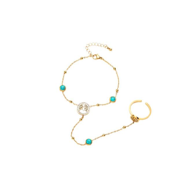 Boho turquoise stone statement life tree clover flower stainless steel ring bracelet