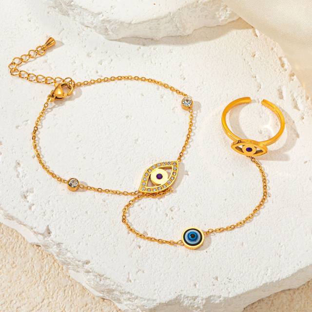 Elegant mother shell butterfly heart diamond evil eye stainless steel ring bracelet