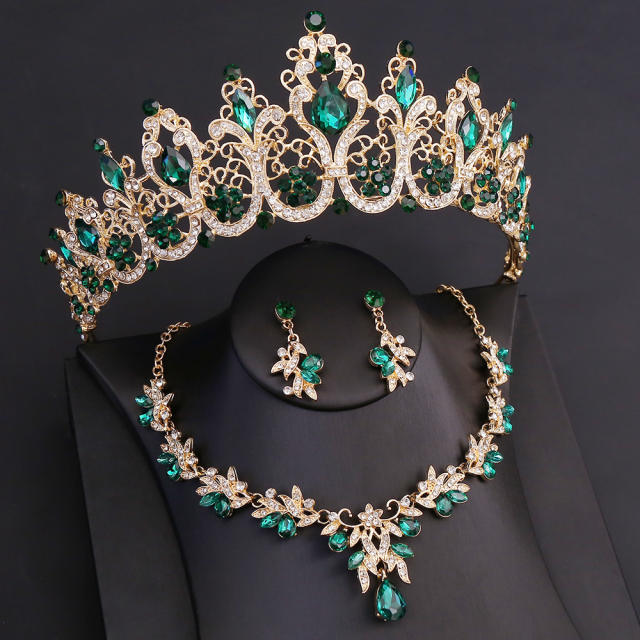 Colorful rhinestone setting baroque wedding hair crown necklace set