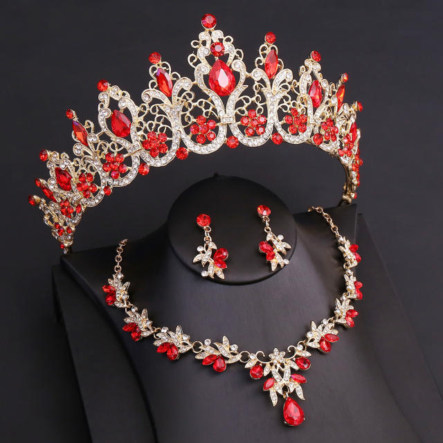 Colorful rhinestone setting baroque wedding hair crown necklace set