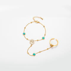 Boho turquoise stone statement life tree clover flower stainless steel ring bracelet