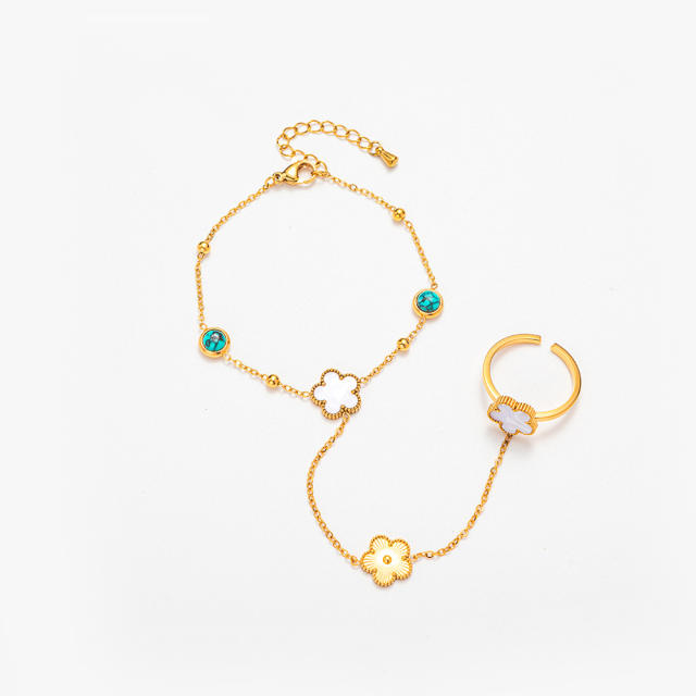 Boho turquoise stone statement life tree clover flower stainless steel ring bracelet