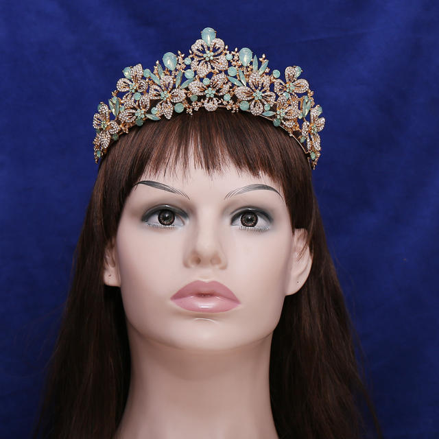 Delicate full diamond flower colorful glass crystal wedding hair crown