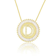 Gold plated copper diamond initial letter round piece necklace