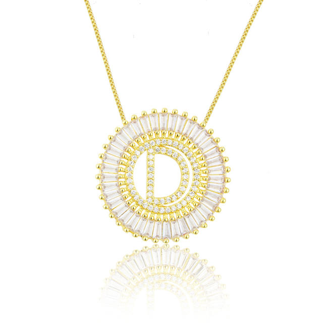 Gold plated copper diamond initial letter round piece necklace