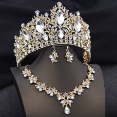 Luxury colorful glass crystal wedding hair crown necklace set