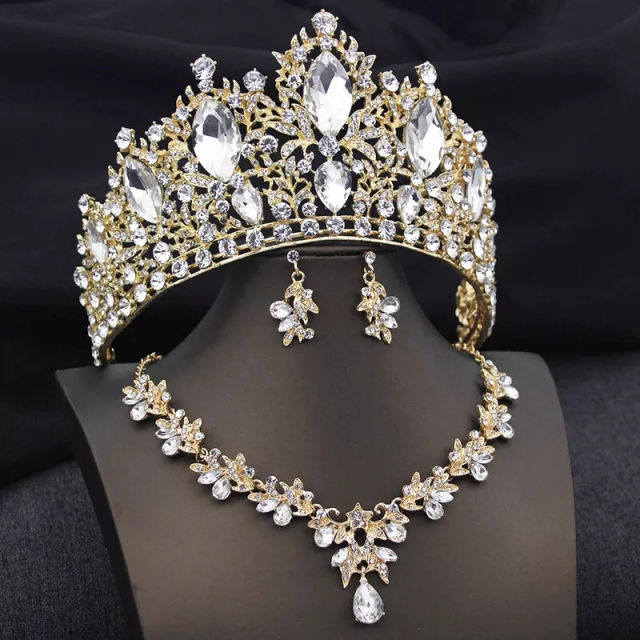 Luxury colorful glass crystal wedding hair crown necklace set