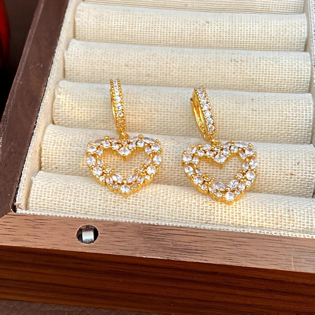 Delicate diamond heart gold plated copper huggie earrings