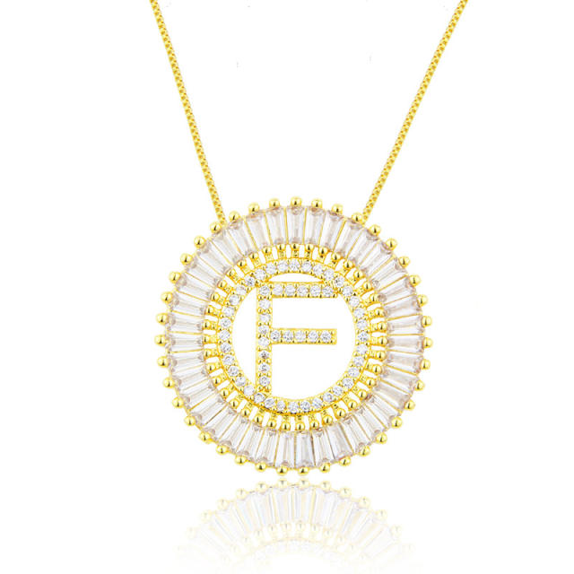 Gold plated copper diamond initial letter round piece necklace