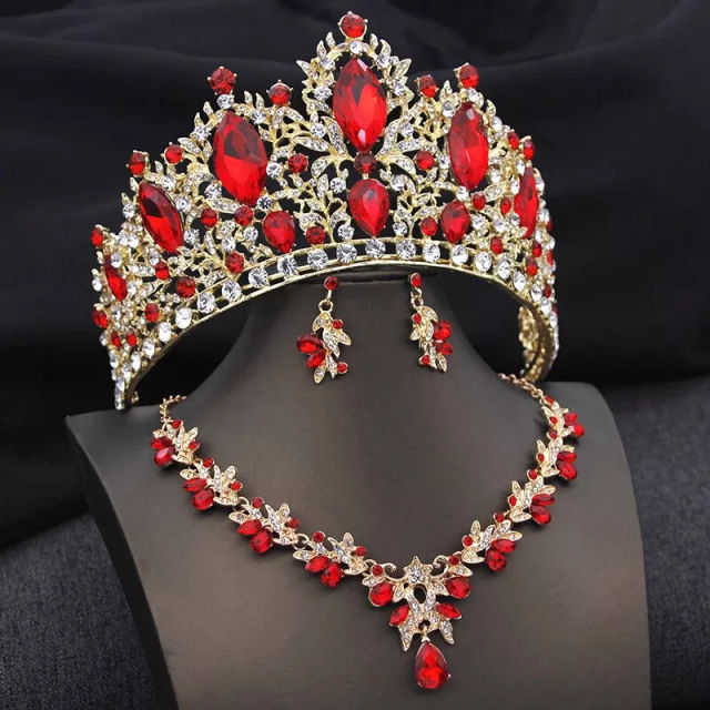 Luxury colorful glass crystal wedding hair crown necklace set
