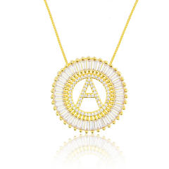 Gold plated copper diamond initial letter round piece necklace