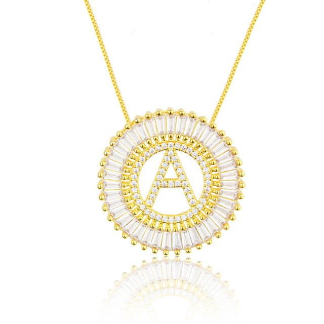 Gold plated copper diamond initial letter round piece necklace
