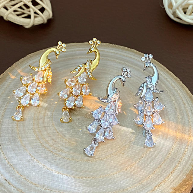925 needle diamond peacock gold plated copper earrings