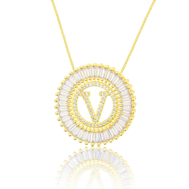 Gold plated copper diamond initial letter round piece necklace