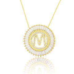 Gold plated copper diamond initial letter round piece necklace