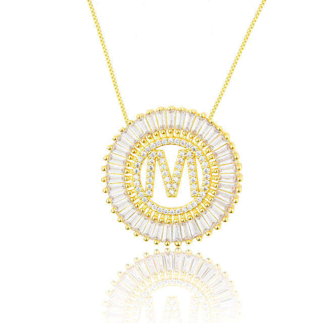 Gold plated copper diamond initial letter round piece necklace