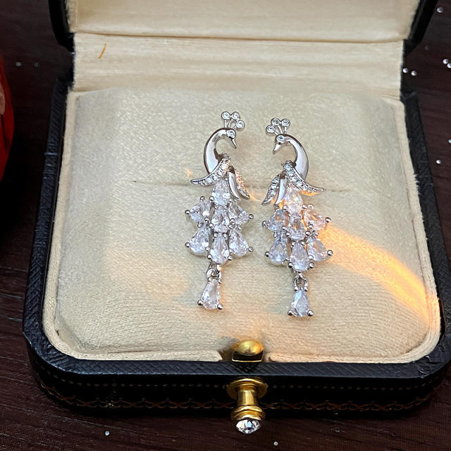 925 needle diamond peacock gold plated copper earrings