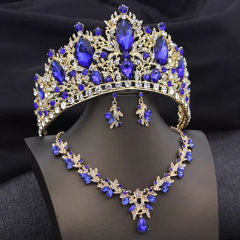 Luxury colorful glass crystal wedding hair crown necklace set