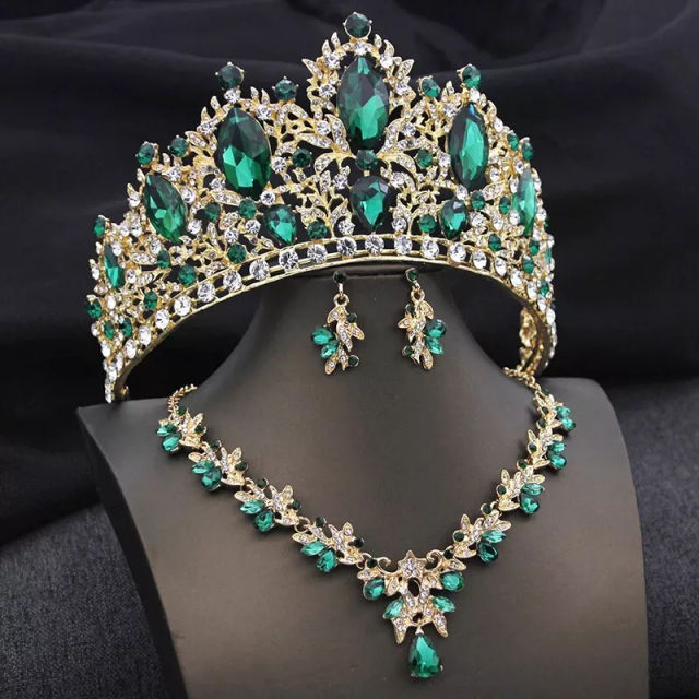 Luxury colorful glass crystal wedding hair crown necklace set