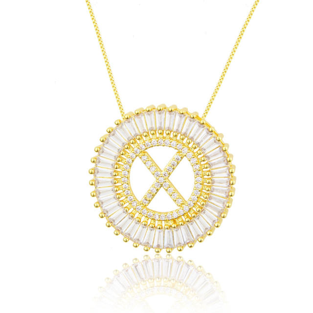 Gold plated copper diamond initial letter round piece necklace
