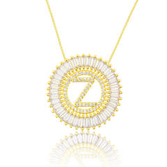 Gold plated copper diamond initial letter round piece necklace